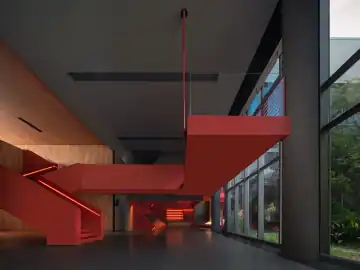 红色盒体串联的立体展厅 · 实景照片