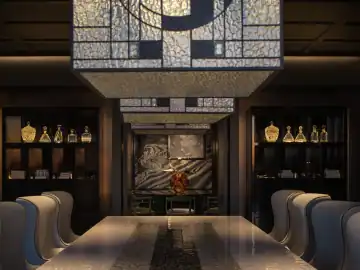 铜色与绿绒面的滨水会客空间 · 实景照片